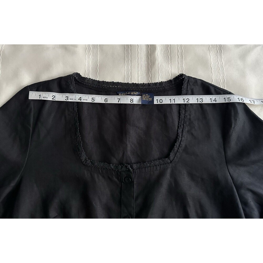 Ecologie Black 100% Linen Blouse, Size M, with White Embroidery and 3/4 Sleeve - Picture 7 of 13